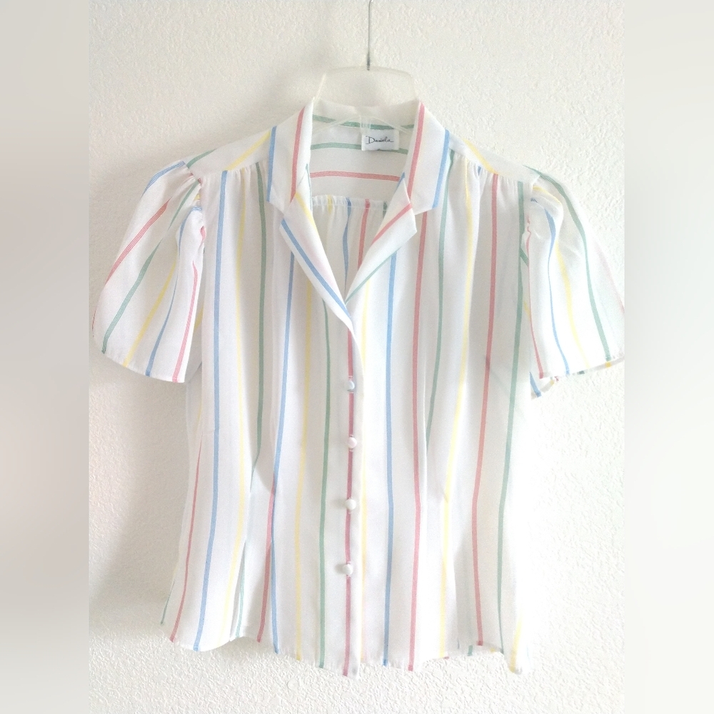 Fun Vintage 80s Blouse Short Sleeve Rainbow Striped Sheer by Daniela Size PS